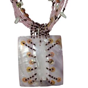 💕NEW Hand Crafted Statement Necklace/Earrings Pink Shell Sequins Beads Set💕